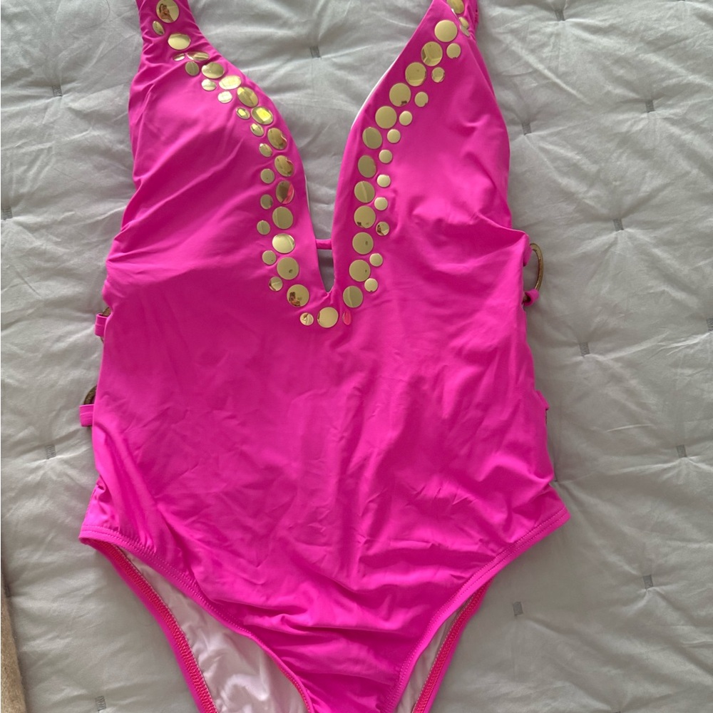 Pink and Gold one piece swimsuit.  worn once.  excellent condition
